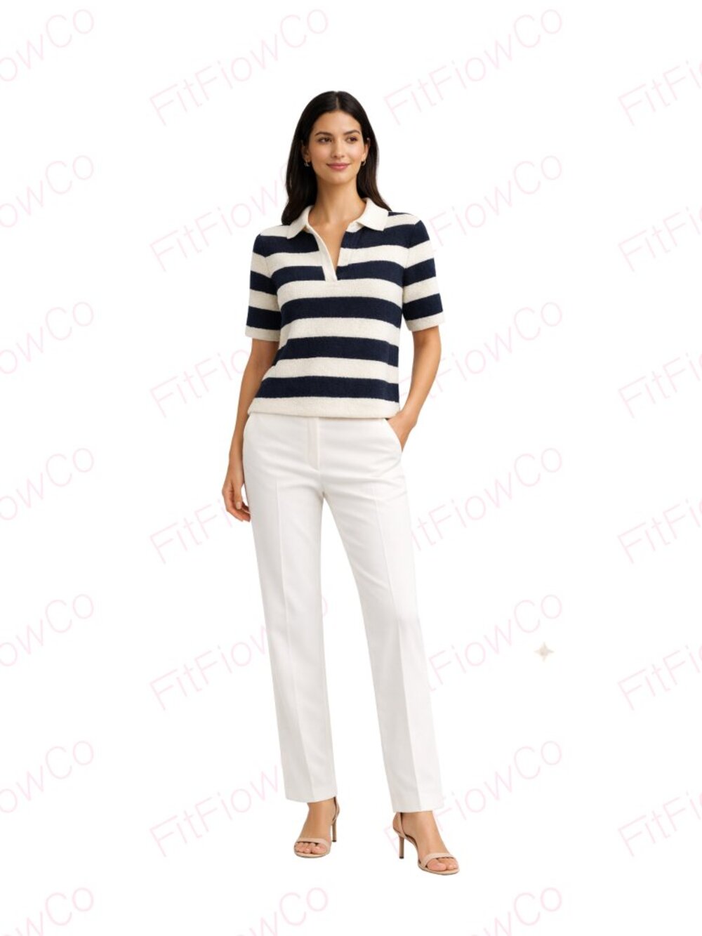 Tahari Navy Ivory Striped Textured Knit Polo Top Short Sleeve Sweater S